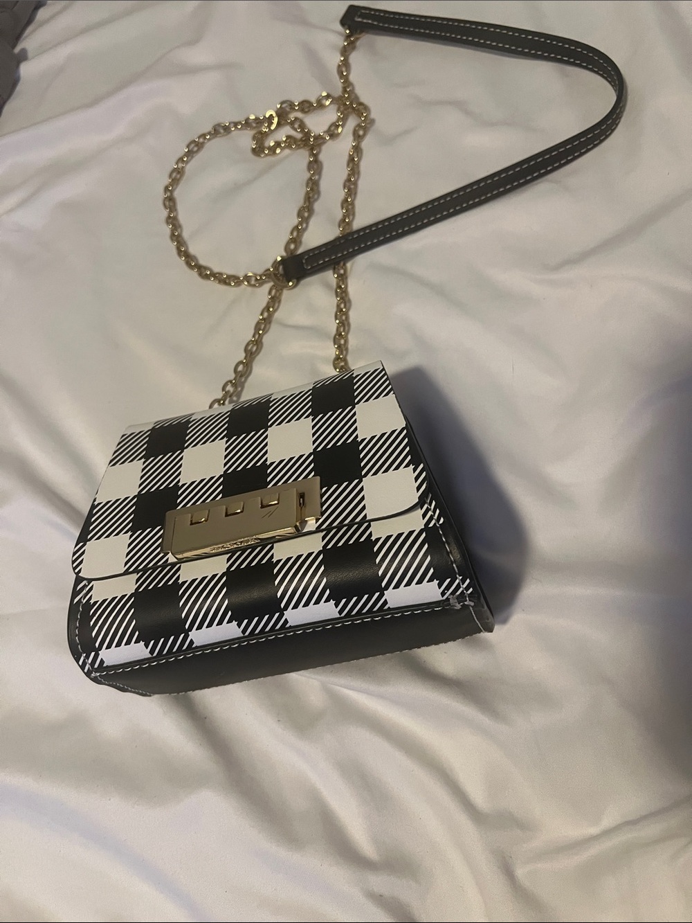 Zac Posen Black & White Plaid Crossbody Bag with Gold Chain
